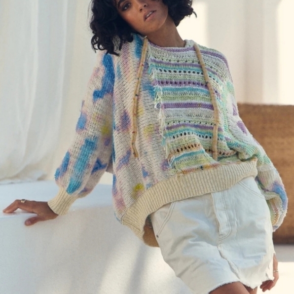 Free people flower child multicolor knit hooded poncho sweater size extra small - Picture 2 of 13